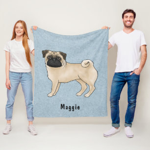 Cobertor De Velo Cachorro Pug Cor de Pele com Nome Personalizado Az