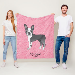 Cobertor De Velo Cachorro Terrier Azul de Boston em Corações Rosa e
