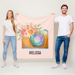 Cobertor De Velo Câmera Laranja Boho e Buquê Floral Aquarela
