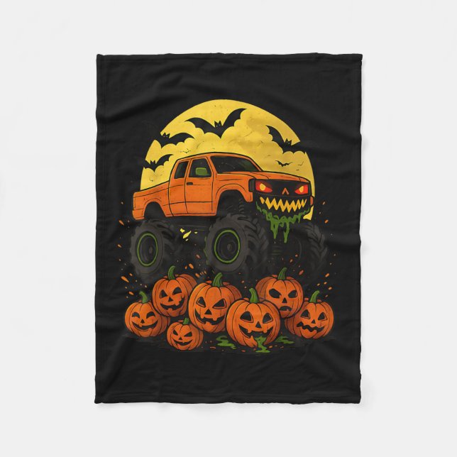 Cobertor De Velo Caminhão Monstro de Halloween Esmagando Abóboras (Frente)