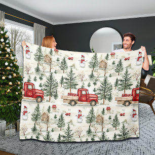 Cobertor De Velo Caminhão Vermelho com presentes e boneco de neve
