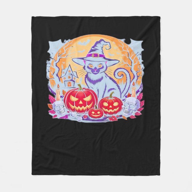 Cobertor De Velo Camiseta Clássica Ghost Pumpkin Gato do Halloween (Frente)