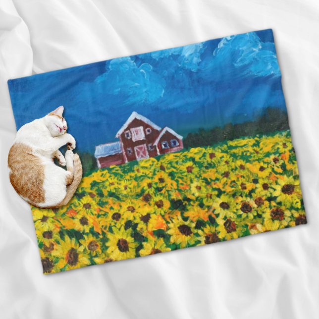 Cobertor De Velo campo de girassol de verão do celeiro vermelho do  (western country red barn summer sunflower field fleece blanket)