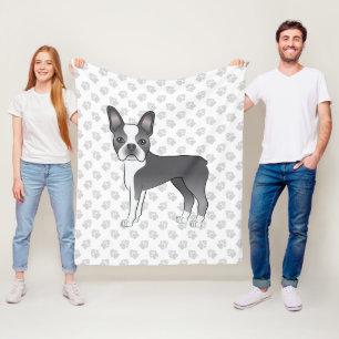 Cobertor De Velo Cão e patas de Cartoon Azul e Branco de Boston