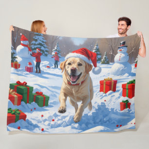 Cobertor De Velo Cão Labrador Correndo na Neve com Chapéu de Natal