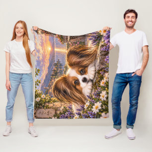 Cobertor De Velo Cão Papillon em Jardim de Flores Mediterrâneo ao S