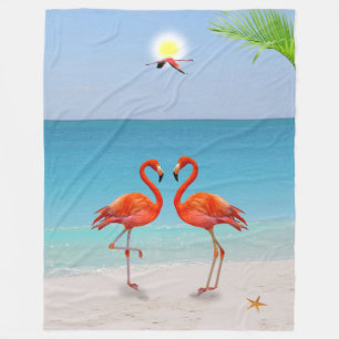 Cobertor De Velo Casal de Flamingo Vermelho & Folha de Palmeira na 
