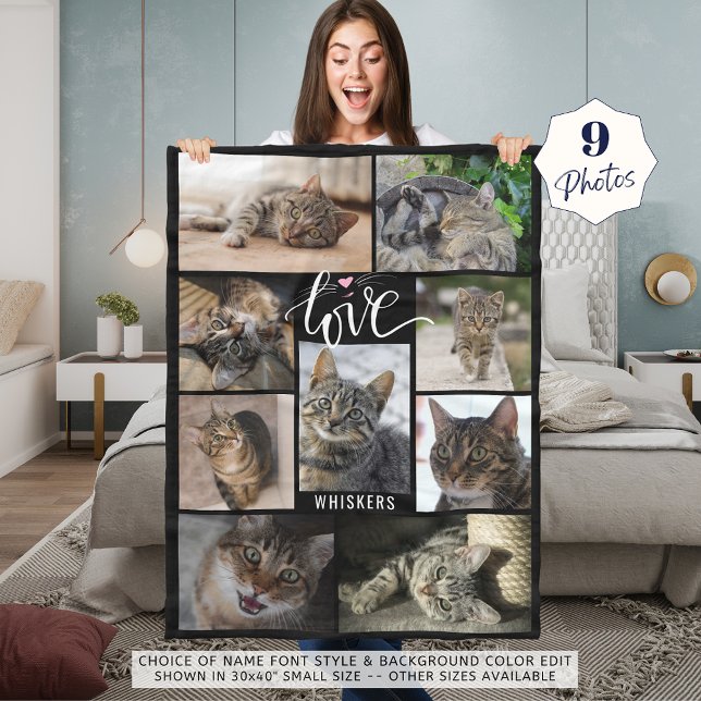 Cobertor De Velo Cat LOVE Photo Collage Whiskers Name (Criador carregado)