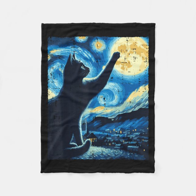 Cobertor De Velo Cat Reaching Moon Starry Night Funny Kitten Men Wo (Frente)