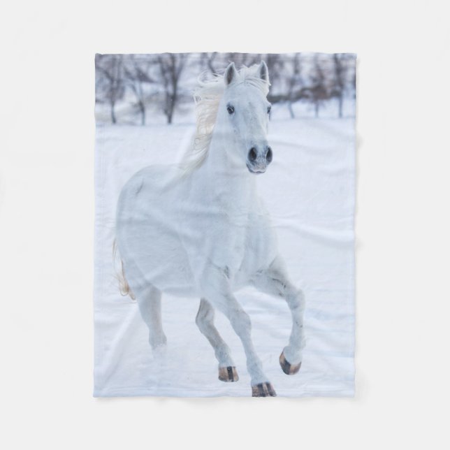 Cobertor De Velo Cavalo Branco Correndo na Neve (Frente)
