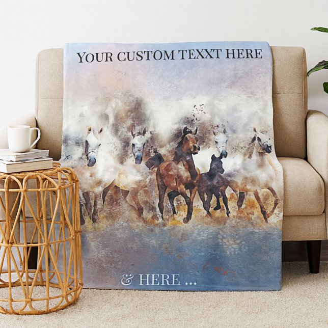 Cobertor De Velo Cavalos Correntes Selvagens Folha de Blanket (Fleece blanket featuring a watercolor painting of wild running horses)
