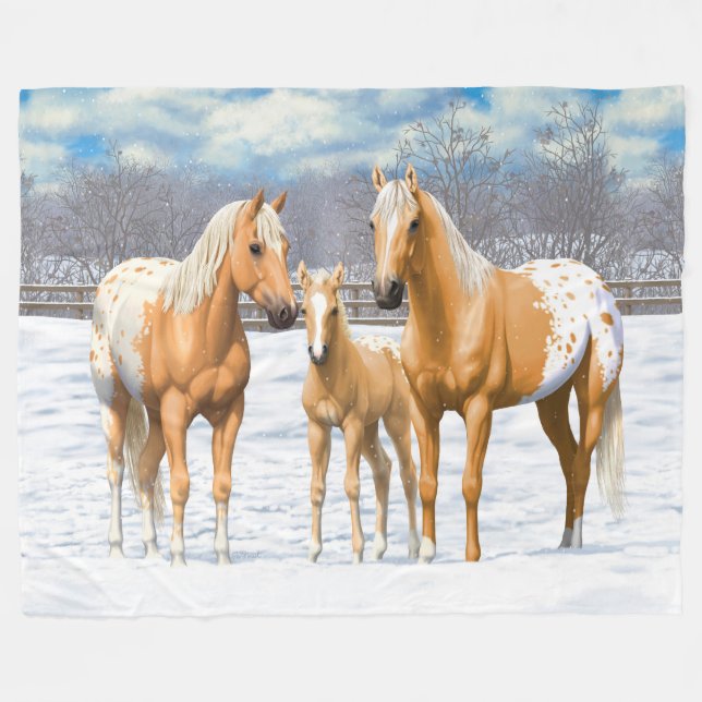 Cobertor De Velo Cavalos Palomino Appaloosa Na Neve (Frente (Horizontal))