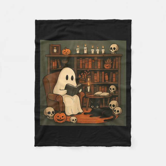 Cobertor De Velo Cena de Leitura Aconchegante de Halloween com Fant (Frente)