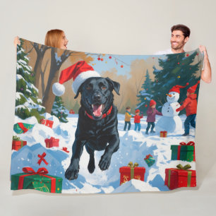 Cobertor De Velo Cena de Natal com Labrador Preto na Neve 