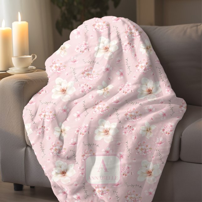 Cobertor De Velo Cherry Blossom Floral Sakura Primavera Monograma R (Cherry Blossom Floral Sakura Spring Monogram Pink Fleece Blanket)