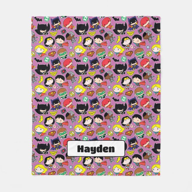 Cobertor De Velo Chibi Justice League Pattern on Purple (Frente)