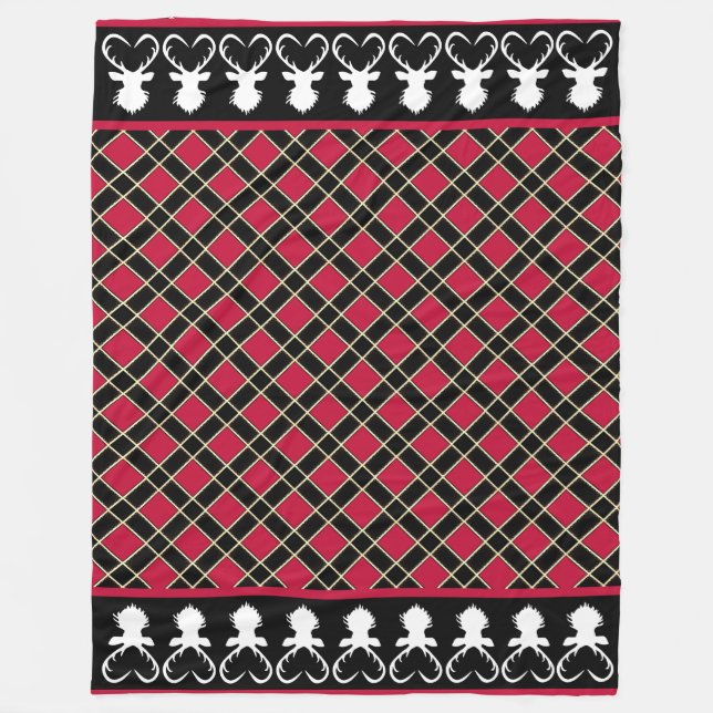 Cobertor De Velo Chic Black Red Checkup & Reindeer Silhouettes (Frente)