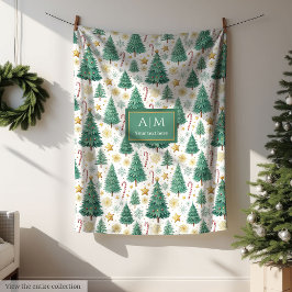 Cobertor De Velo Chic green and gold watercolor Christmas trees
