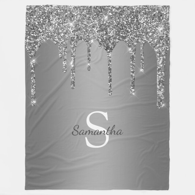 Cobertor De Velo Chic Silver Glitter Sparkle Drives Nome do Monogra (Frente)