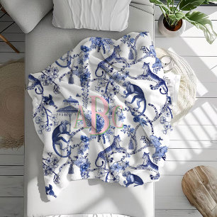 Cobertor De Velo Chinoiserie Jungle Toile   Monograma Azul e Branco
