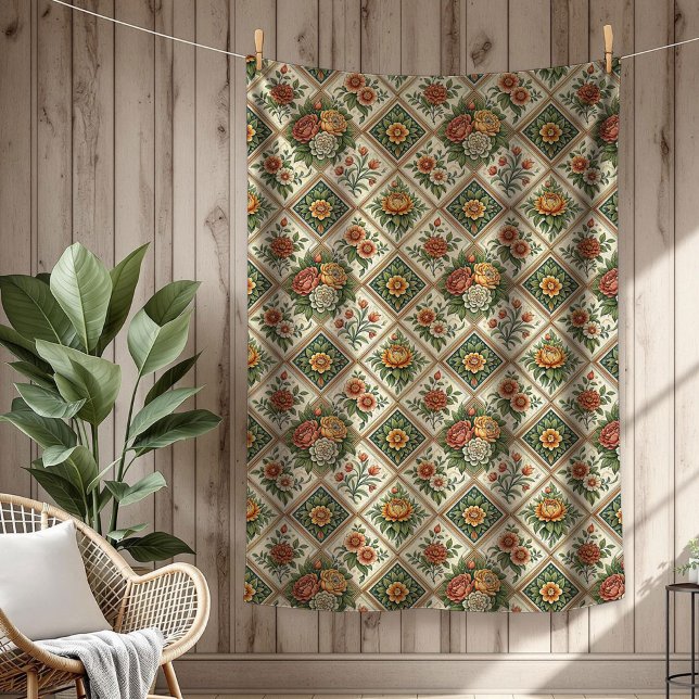 Cobertor De Velo Chique romântico com Rosas vermelhas e Azulejos (Romantic Shabby Chic Throw with Red Roses and Tile Fleece Blanket)