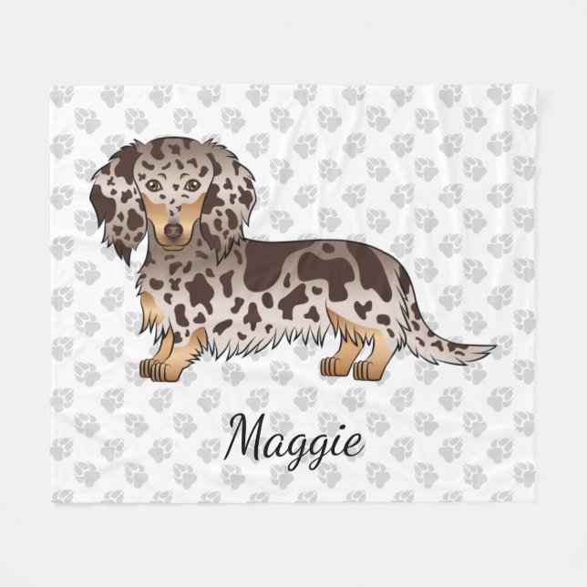 Cobertor De Velo Chocolate & Tan Dapple Long Hair Dachshund & Name (Frente (Horizontal))