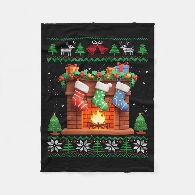 Cobertor De Velo Christmas Fireplace Stockings Funny Ugly Christmas (Frente)