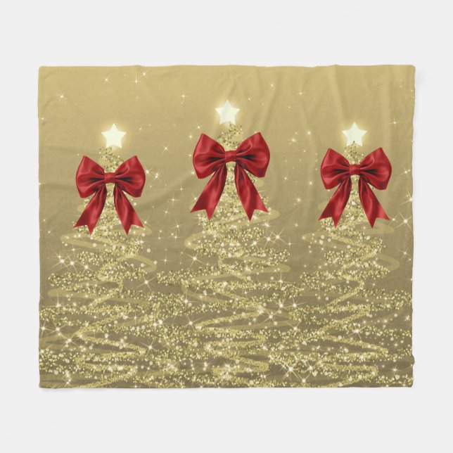 Cobertor De Velo Christmas Sparkling Trees Gold Faux Red Bow  (Frente (Horizontal))
