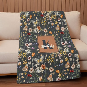 Cobertor De Velo Cinza Carvão Boho Floral Monogramado