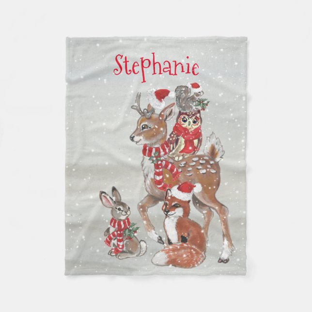 Cobertor De Velo Cinza de Natal Woodland Animal Deer Name (Frente)