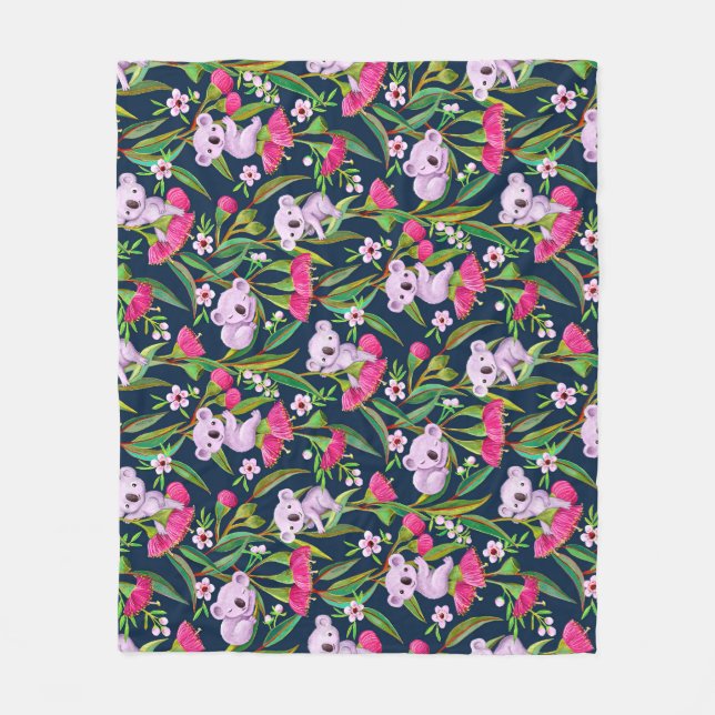 Cobertor De Velo Coalas Fofos Lilás Pálido em Flores de Eucalipto R (Frente)