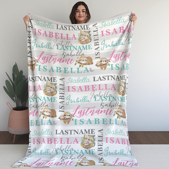 Cobertor De Velo Cobertura bonito com nome com faixas (Pretty Sloth Blanket With Name with Stripes)