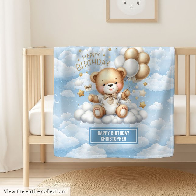 Cobertor De Velo Cobertura do menino de primeiro aniversário com ur (First birthday boy blanket with blue gold teddy)