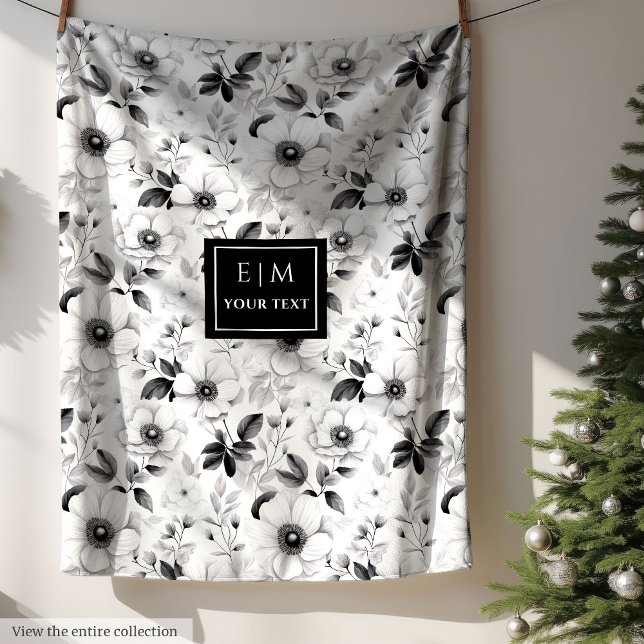 Cobertor De Velo Cobertura floral monocromática chic com nome perso (Chic black and white floral blanket with monogram)