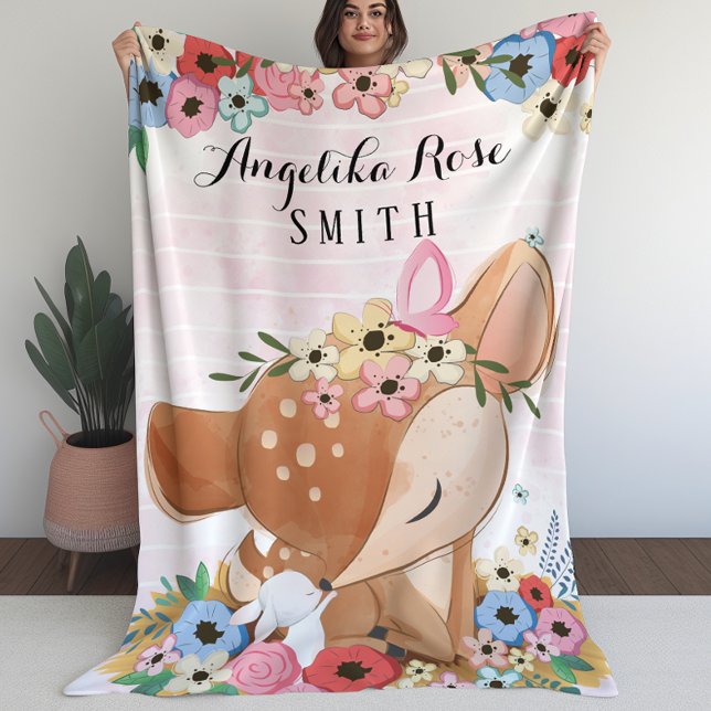 Cobertor De Velo Cobertura para Garotas com Flores de Deer Fawn Str (Blanket for Girls with Fawn Deer Flowers Stripes (L))