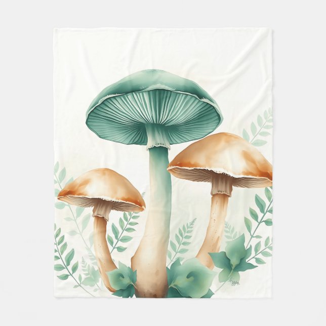 Cobertor De Velo Cogumelos Aquarelas com Ferns (Frente)