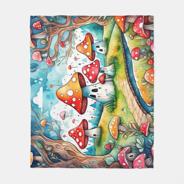 Cobertor De Velo Cogumelos brancos folhas design (Frente)