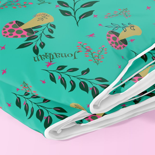 Cobertor De Velo Cogumelos, verde e padrão floral Nome personalizad (Bright colors and funny mushrooms for your nursery!)