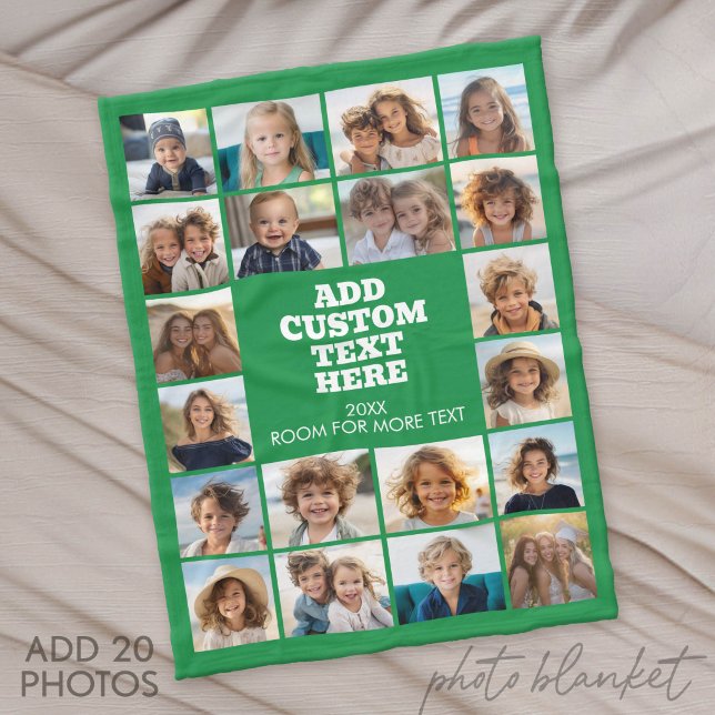 Cobertor De Velo Colagem de 20 Fotos - Verde e Texto no Centro (Photo Blanket - Fleece)