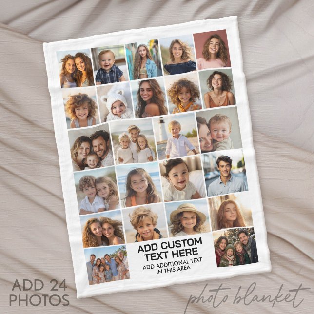 Cobertor De Velo Colagem de 24 fotos com caixa de texto (Custom Fleece Blanket with Photo Collage for Family and Friends)