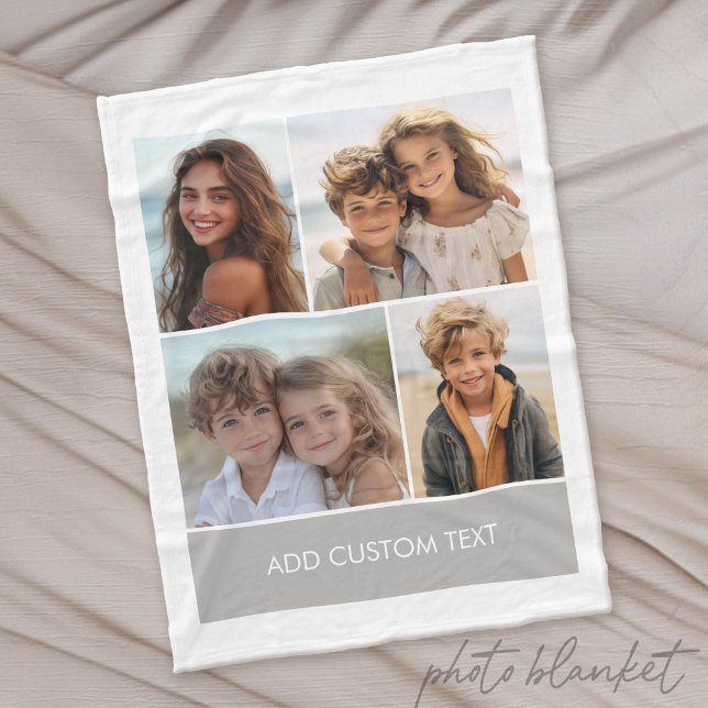 Cobertor De Velo Colagem de 4 Fotos com Bloco de Texto Moderno (Custom Photo Blanket)
