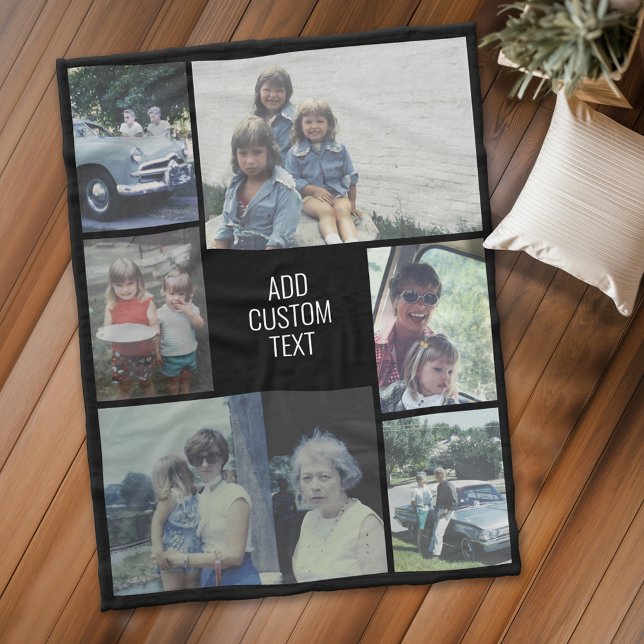 Cobertor De Velo Colagem de 6 fotos - fundo preto - texto branco (Personalized fleece blanket with 6 photos and text)