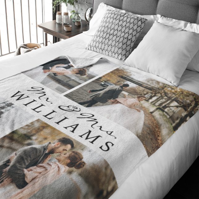Cobertor De Velo Colagem de Foto Sr. e Sra. Newlywing Monograma Whi (Celebrate your recent marriage with this 4 photos monogrammed fleece blanket.)