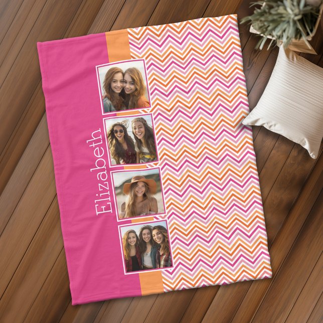 Cobertor De Velo Colagem de Fotografias Brilhantes Corantes Laranja (Personalized fleece blanket with 4 photos and a monogram)