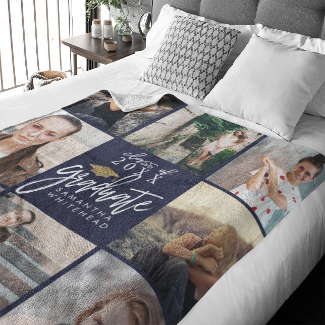 Cobertor De Velo Colagem de Fotografias do formando Dourada Glitter (Celebrate your graduate's milestone with our cozy, custom fleece blanket. )