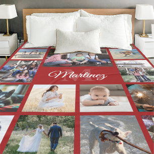 Cobertor De Velo Colagem de Fotografias Familiares Vermelho Branco 