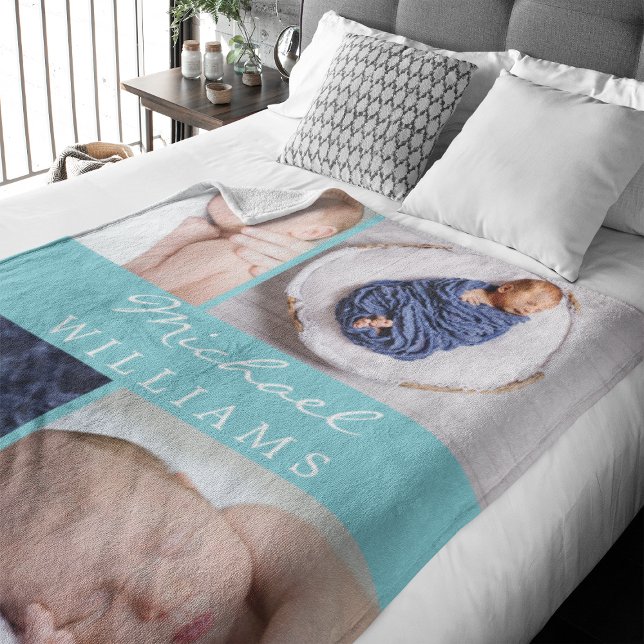 Cobertor De Velo Colagem de Fotografias Monograma Aqua Azul Novo Be (Celebrate your newborn with this photo collage blanket that features a spot in the middle for a name)