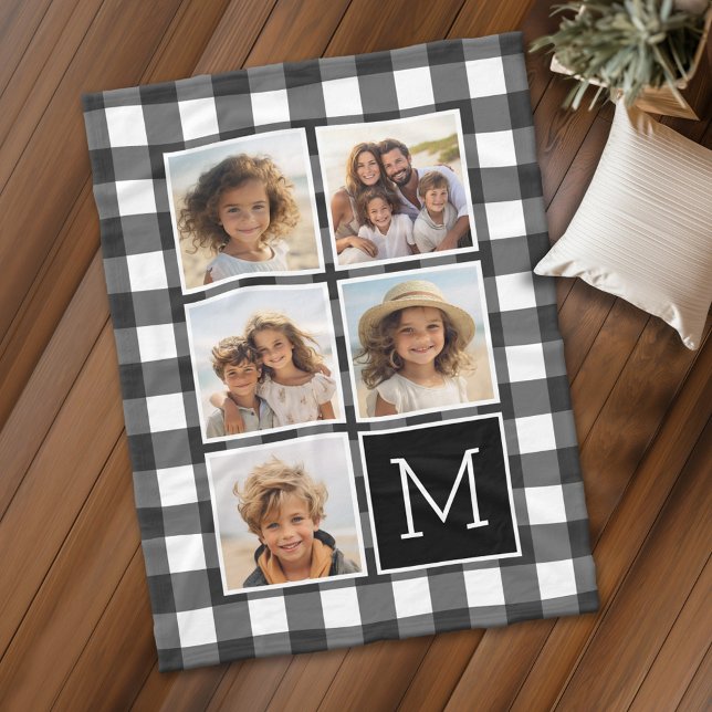 Cobertor De Velo Colagem de Fotografias Monograma Xadrez Negra Bran (Personalized fleece blanket with 5 photos and a monogram)