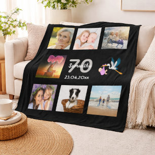 Cobertor De Velo colagem de fotos de aniversário de 70 anos preta