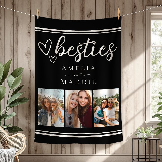 Cobertor De Velo Colagem de Fotos de Besties Modernas Preta e Branc (Modern Besties Photo Collage Black and White Fleece Blanket)